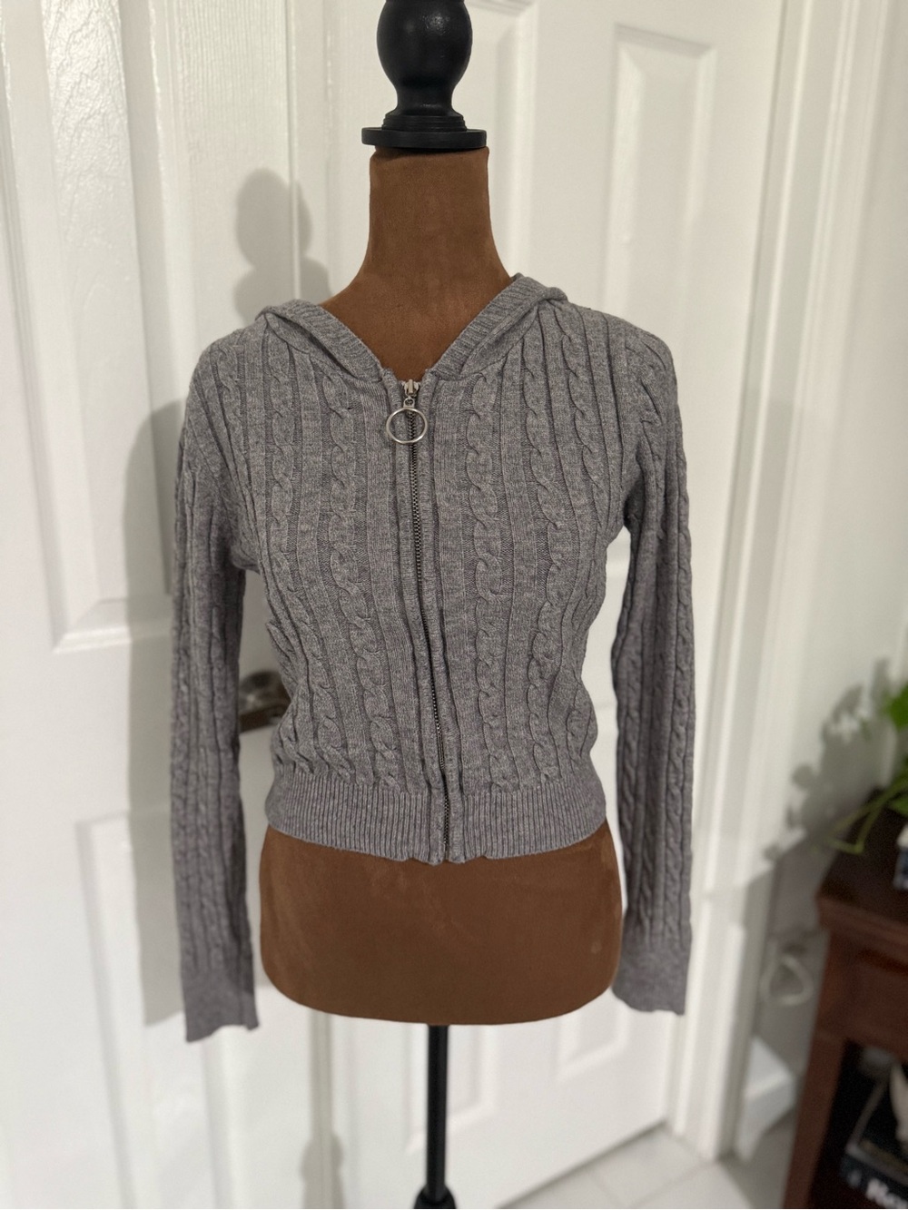 Fashion Nova Gray Cable-Knit Zip Hoodie Cardigan